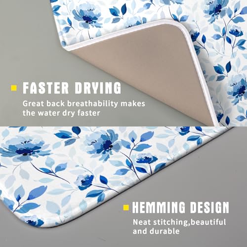 Blue Floral Dish Drying Mat 16x18 inch Flower Leaves Dish Rack Pad Microfiber Washable Dishes Drainer Pad Kitchen Countertop Accessories (Blue Floral / 16 x 18 inch)