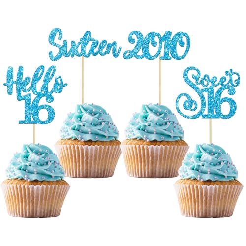 24Pcs Happy 16th Birthday Cupcake Toppers Glitter Hello 16 Sweet 16 Cupcake Picks Sixteen Years Old Birthday Cake Decorations for Celebrating 16th Anniversary Party Supplies Blue (24 Count)