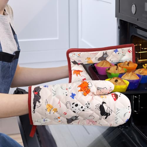 Cute Dog Oven Mitts and Pot Holders Set (Dogs / Oven Mitt x2 & Pot Holder x2)