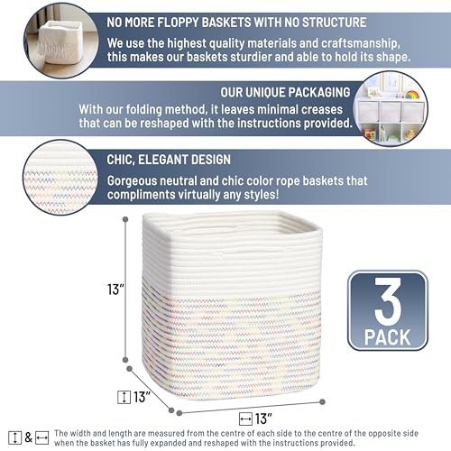 13 Inch Cube Storage Bins Cotton Rope Woven Baskets for Organizing 3 (Off White & Rainbow Stitching / 13 x 13 x 13 (Standard))