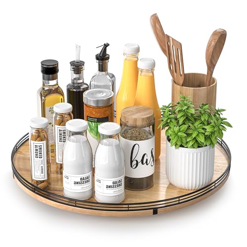 16 Inch Farmhouse Oak Lazy Susan Organizer for Table and Cabinet