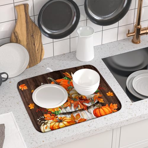 Fall Pumpkin Dish Drying Mat for Kitchen Counter Decor 16x18 Inch Halloween Thanksgiving Dish Drainer Mats Absorbent Reversible Dishes Pad (Pumpkin Bucket / 16" x 18")
