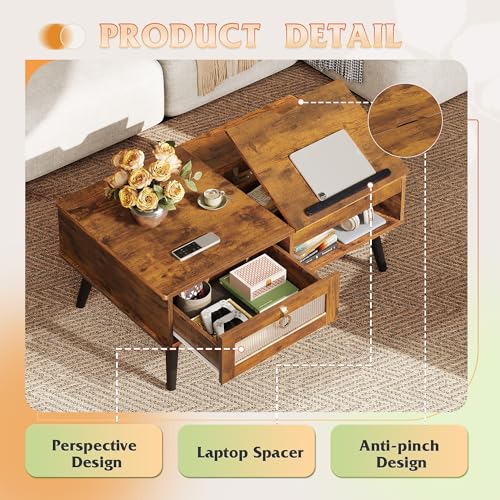 Coffee Table Lift Top Coffee Table with Storage Shelf (Retro Brown / 39" with Drawer)