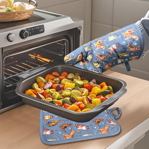 Oven Mitts 1 Pair (Cat, Blue Mitts)