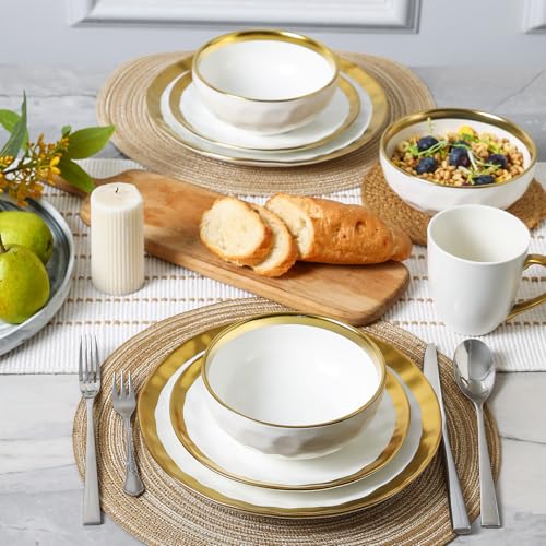 Ceramic Salad Bowls Set for Kitchen (White with Golden)