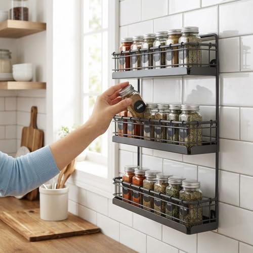 3 Tier Hanging Spice Rack for Wall Black Steel Kitchen Spice Organizer (Industrial Gray / Large 3-Tier / Vintage)