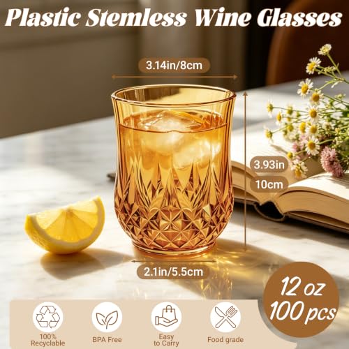 100 Pack Plastic Stemless Wine Glasses (Amber)