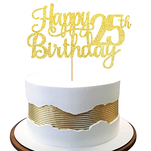 1 PCS Happy 25th Birthday Cake Topper Gold Glitter Cheers to 25 Years Birthday Cake Pick 25 Fabulous Cake Decoration for Happy 25th Birthday Theme Party Decorations Supplies (Gold / 25th)