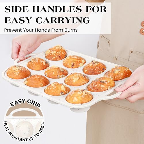 12+24 Cups Silicone Muffin Pans for Baking with Metal Frame (Cream / Mini+Regular)