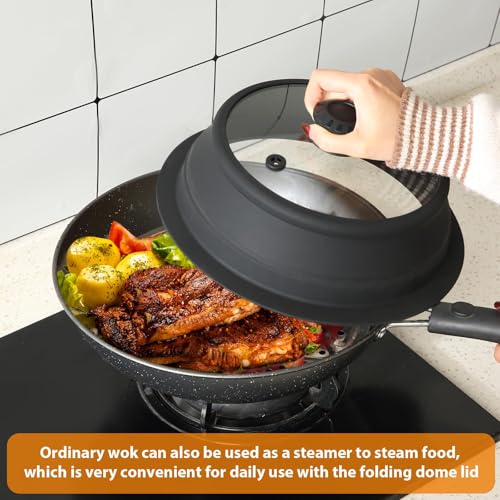 Collapsible Microwave Splatter Lid with Vented Tempered Glass Cover Wok Lid for Microwave Safe (11-12.5 inch / Black)