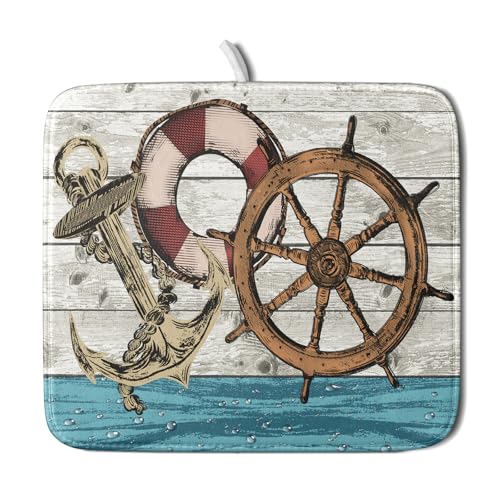 Nautical Anchor Dish Drying Mat 16x18 inch Coastal Boat Fast Dry Microfiber Reversible Dish Drainer Pad Kitchen Countertop Tabletop Decor (Marine Anchor / 16" x 18")
