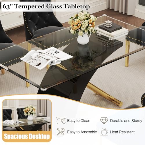 7 Piece Glass Dining Table Set for 6 (Black Table & Gold Black Chair / 7-Piece Set-X-Shaped Table)