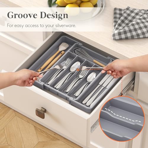 Expandable Silverware Drawer Organizer (Gray / Medium Wide(8.5-14''W x 12''D))