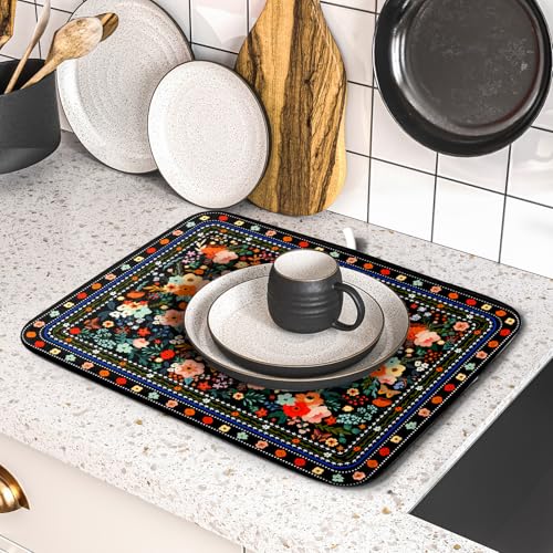Black Flowers Dish Drying Pad Boho Floral Washable Microfiber Kitchen Mat for Home Decor (Boho Floral Black / 18" x 16")