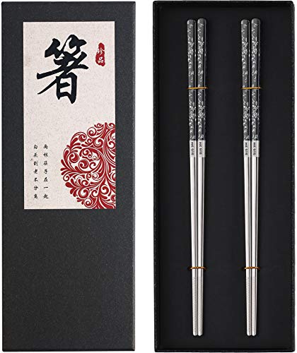 Stainless Steel Chopsticks Titanium Plated Metal Chopsticks Reusable Dishwasher safe Premium Japanese Korean Chopstick Laser Engraved Anti (A Black Silver)