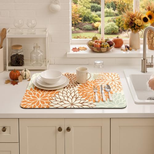 Fall Dish Drying Mat 12" x 20" Absorbent Floral Coffee Mat Orange (Orange / 12" x 20")