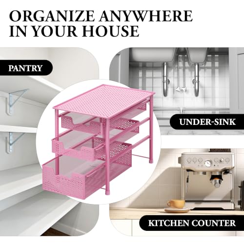 Stackable 3 Tier Sliding Basket Organizer Drawer (3-Tier / Pink)
