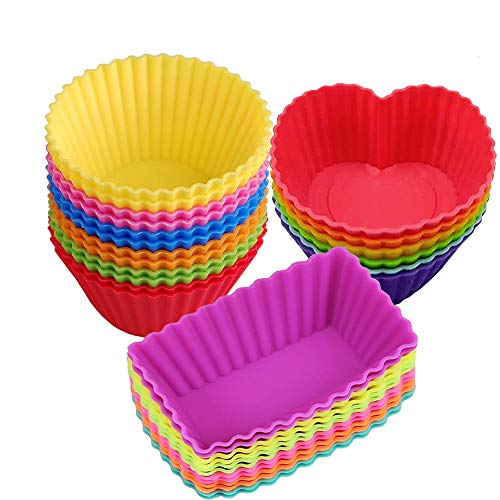 Silicone Baking Cups Muffin Cupcakes Liners Molds Sets in Storage Container Silicone Lunch Box Dividers Bento Box Accessories (Mutilcolor 3shapes)