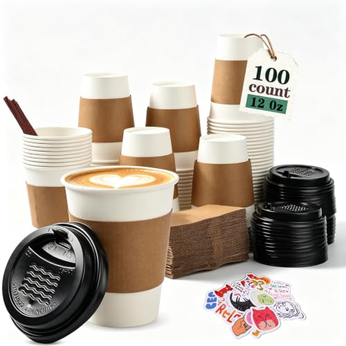 12 oz Disposable Paper Coffee Cups with Lids (12 oz (w/ Lids) White (100 ct))