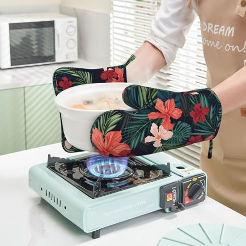 Tropic Hawaiian Hibiscus Flower Oven Mitts Pot Holders Set Silicone Heat Resistant Green Leaves Red Floral Oven Mitts and Hot Pads Potholders Non (Red Green)