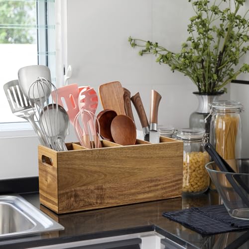 Acacia Wood Utensil Holder with Removable Divider (Acacia / 4 Compatment)