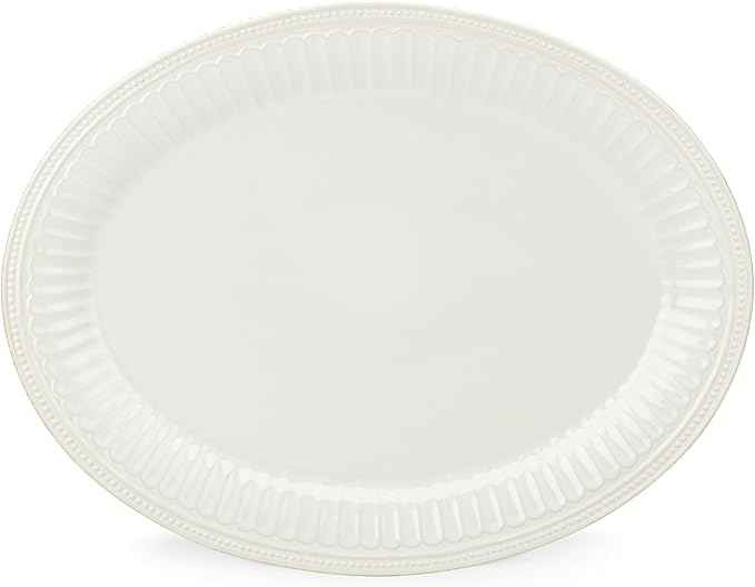 Lenox Serveware, Lenox French Perle Groove White Serving Platter, Oval Shape, 16-Inch, Stoneware, Dishwasher Safe, Turkey Platter for Thanksgiving, Winter Hosting, Christmas Serving (White, 1 Piece)