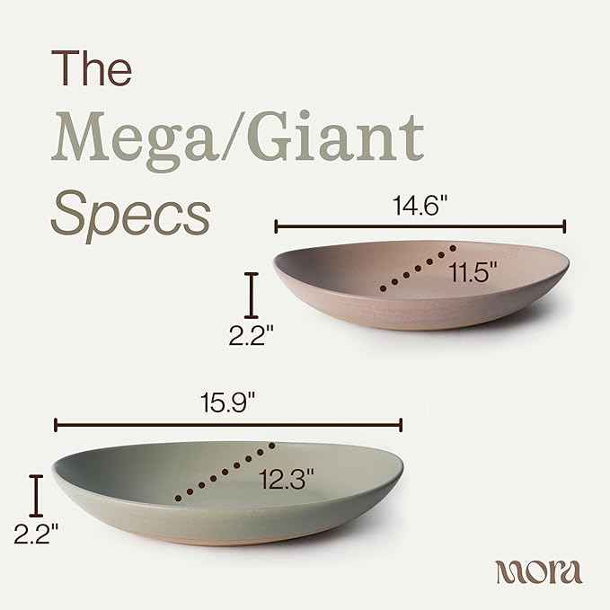 MORA Mega and Giant Serving Dishes Set of 2, 16 inch and 14 inch Ceramic Pottery Oval Platters - Microwave, Oven and Dishwasher Safe - Thyme & Mushroom