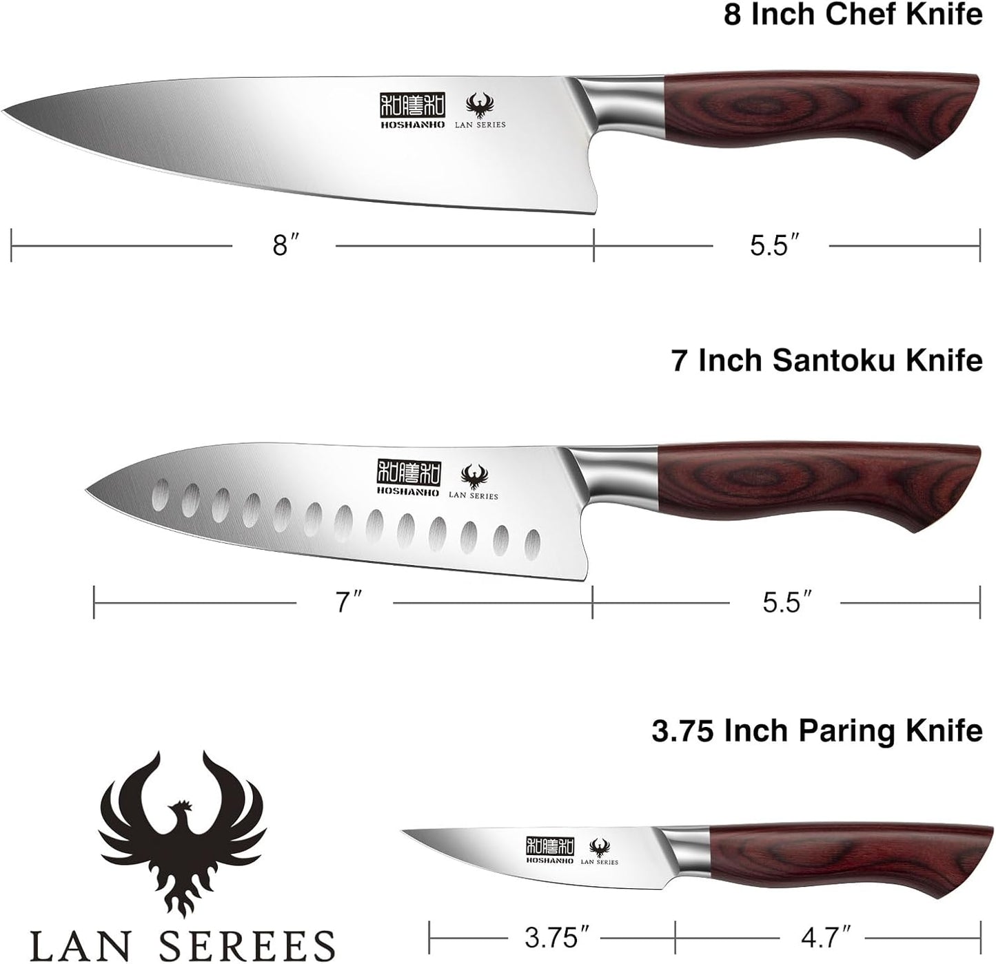 HOSHANHO 3-Piece Kitchen Knife Set, Ultra Sharp Chef/Santoku/Paring Knives,Professional High Carbon Steel Knives with Ergonomic Handle, Ideal Cooking Gift Set