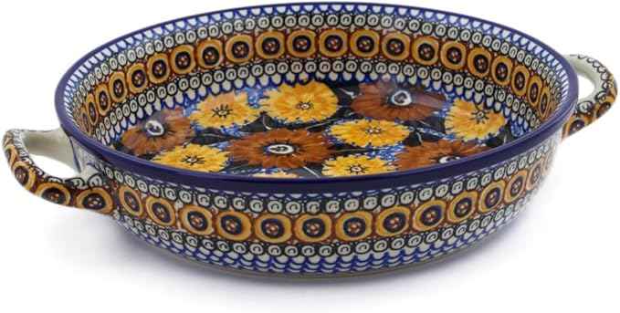 Polmedia Polish Pottery Round Baker with Handles 10-inch UNIKAT - Autumn Chrysanthemums Pattern Handmade in Boleslawiec Poland by Ceramika Artystyczna + Certificate of Authenticity