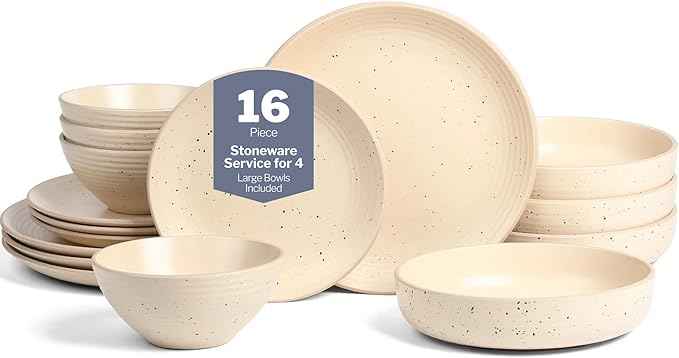 Stone Lain Lauren Modern Stoneware 16-piece Round Dinnerware Set, Plates and Bowls Set, Dish set for 4, Beige
