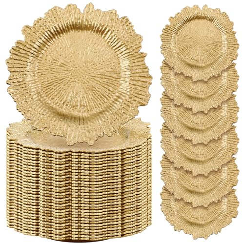 100 Pcs Gold Reef Charger Plates Bulk 13'' Plastic (Classic Style / Light Gold)