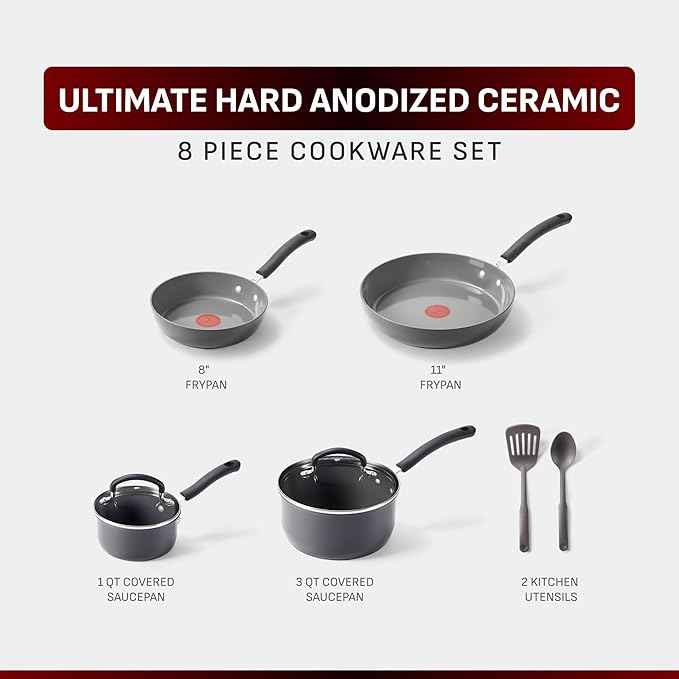 T-Fal Ultimate Hard Anodized Ceramic Nonstick 8 Piece Cookware Set, Oven Safe Up to 400°F, Dishwasher Safe, Pots and Pans Set, Includes Frying Pans, Saucepan, Cooking Utensils, Grey