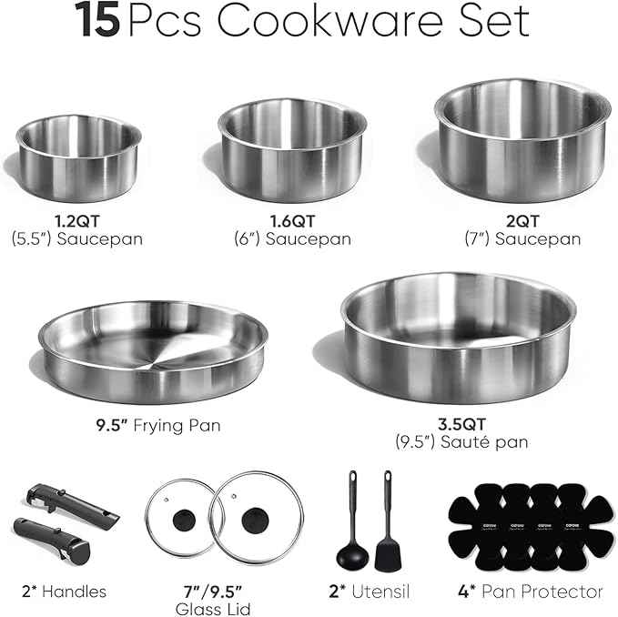 CAROTE Pots and Pans Set, Stainless Steel Cookware Set Detachable Handle, 15pcs Induction Kitchen Cookware Sets with Removable Handle, RV Cookware Set, Oven Safe
