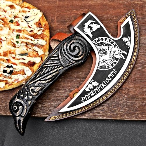 Pizza Cutter Axe Rocker Carbon Steel Slicer Chef Pizza Cutter Viking Axe with Leather Cover (American Eagle)