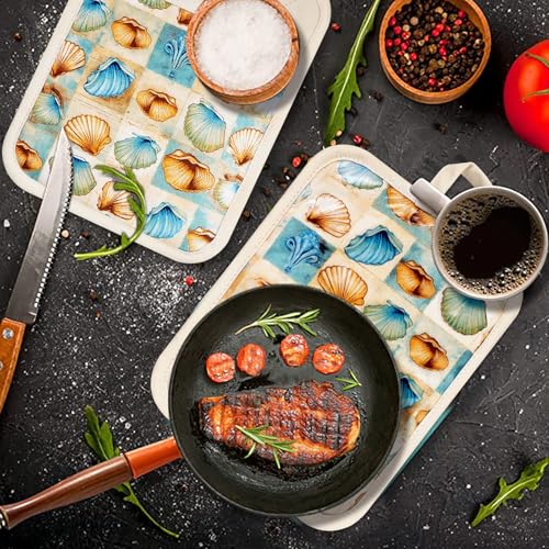 Pot Holders Set of 2 Heat Resistant 480 ℉Non Slip Clear Silicone Printed Comfortable Cotton Lining Kitchen Women Men Cooking Baking Microwave Machine Washable (Shell, Beige Potholders)