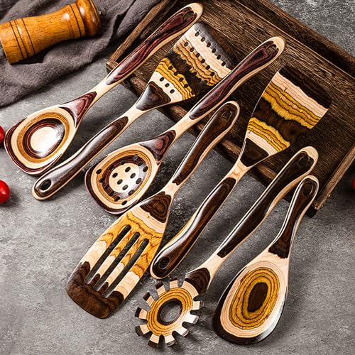 7 Piece Brown Pakkawood Utensils Set (7 PCS Brown)