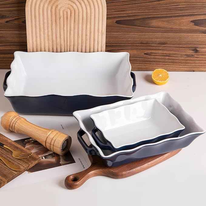 Sweejar Casserole Dishes for Oven, Ceramic Bakeware Set of 3, Rectangular Baking dish with Handles, Wave Edge Lasagna Pan Deep for Cooking, Cake, Dinner, Banquet and Daily Use (Navy)