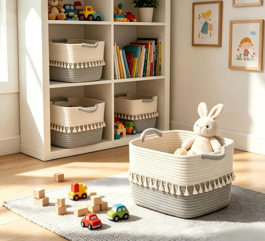 Storage Basket 3 Pack for Organizing (White & Dark Grey / 3 Pack)