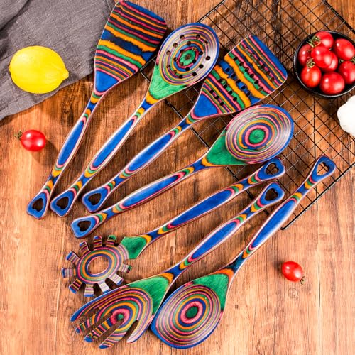 Pakkawood 7 Piece Wooden Cooking Utensils (Rainbow)