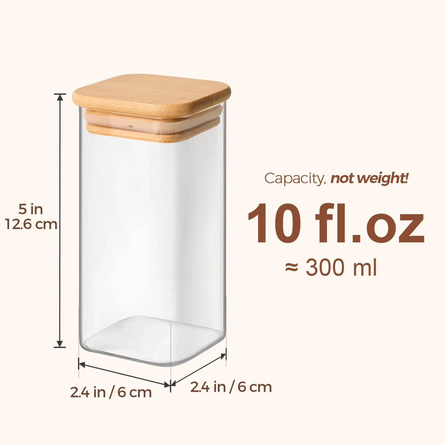 Square Glass Spice Jars with Labels 10 oz 6 Pack with Bamboo Lids (6 Count)