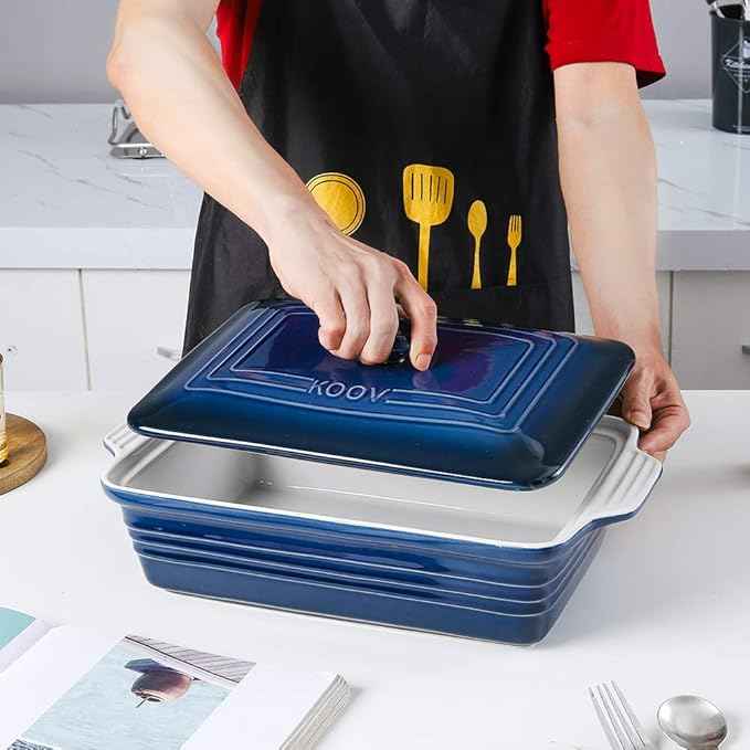 KOOV Ceramic Casserole Dish With Lid, Covered Rectangular Set, Lasagna Pan for Cooking, Baking Dish for Dinner, 9 x 13 Inches, Gradient Series (Gradient Blue)