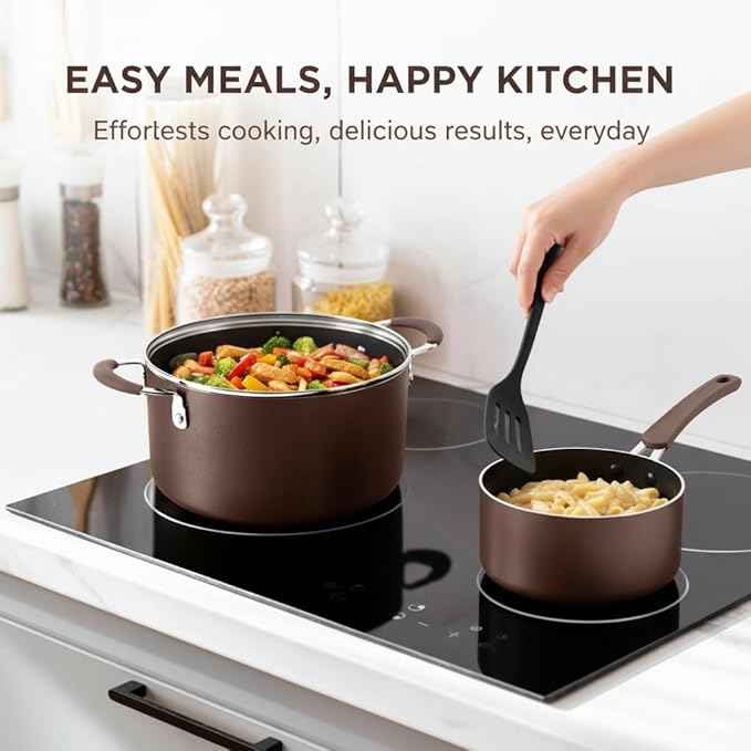 NutriChef 14-Piece Nonstick Brown Cookware Set - Scratch-Resistant Kitchen Pots and Pans with Lids & Utensils, For All Cooktops - NCCW14SBR