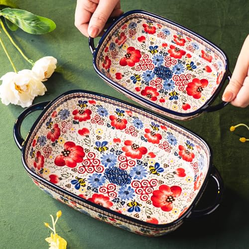 Baking Dish Ceramic Baking Pan Blue Casserole Dish Porcelain rectangular Baking Set 2pcs Bakeware Sets Single Serving Size Lasagna Pan Baking Dishes for oven (Honey Flower)