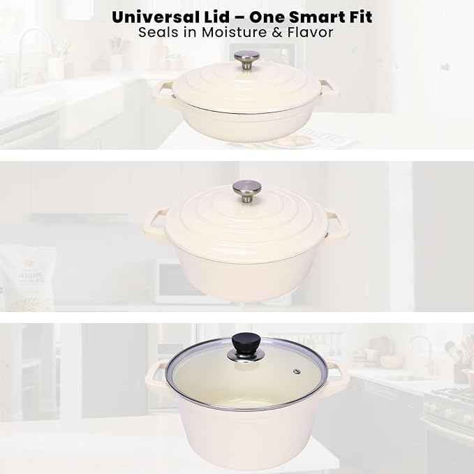 QuliMetal Enameled Cast Iron Set 5-Pc, 10" Stackable Space-Saving Cookware Set, Dutch Oven, Skillet, Grill Pan, with 2 Universal Lid, Versatile Enamel Dutch Oven, Included Spacers, White