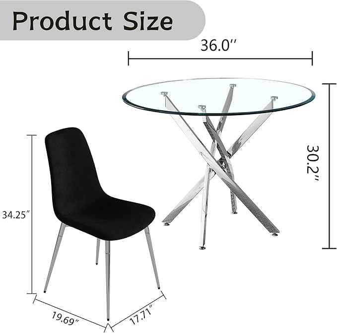 AF ARTISAN FURNITURE 36" Round Glass Dining Table Set for 4, 5-Piece Modern Kitchen Table with 4 Black Scoop Velvet Chairs, Modern Circle Leisure Table for Home Office Dining Room (Silver Leg)