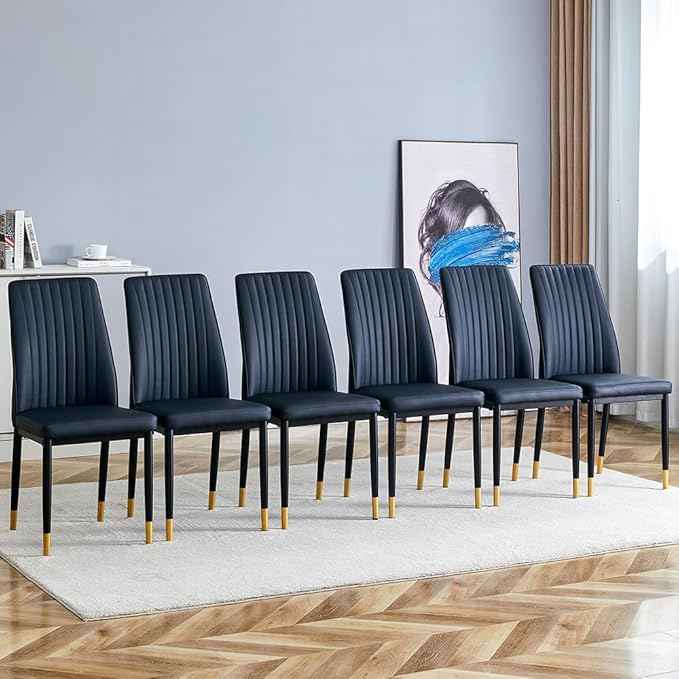 Modern Dining Chairs Set - 6 Black PU Leather Armless Chairs for Dinner Room, Office, Waiting Room