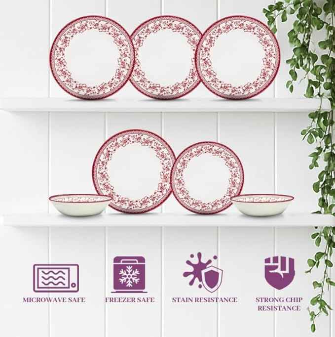 TUDOR Royal Collection 12-Piece Round Porcelain Dinnerware Set, Service for 4 with Dinner Plates, Bowls, and Salad Plates, Aster Pink Red Floral Design, High Gloss Finish, Durable & Premium Quality