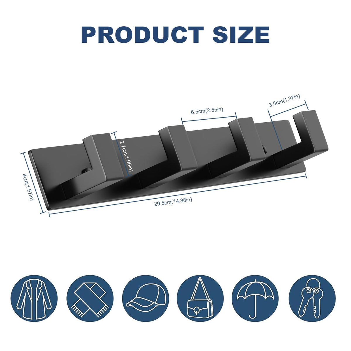 Stainless Steel Wall Coat Rack (Black / 4 "L" Hooks, 2PACK)