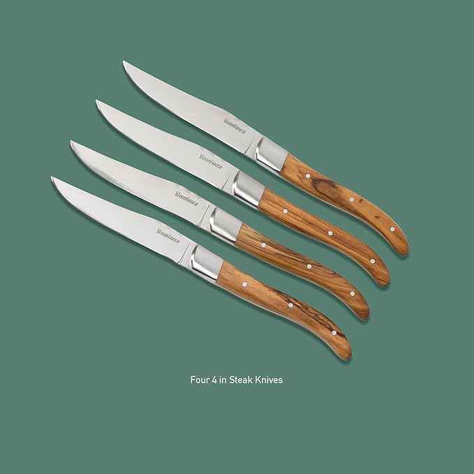 Bloomhouse 4-Piece German Stainless Steel Steak Knife Set – Premium Olive Wood Handle Steak Knives, Full-Tang Blades for Dining