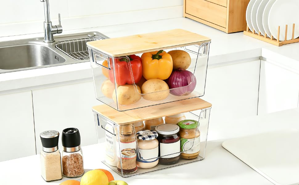 4 Set Potato And Onion Storage Bins with Bamboo Lid (4 Pack)